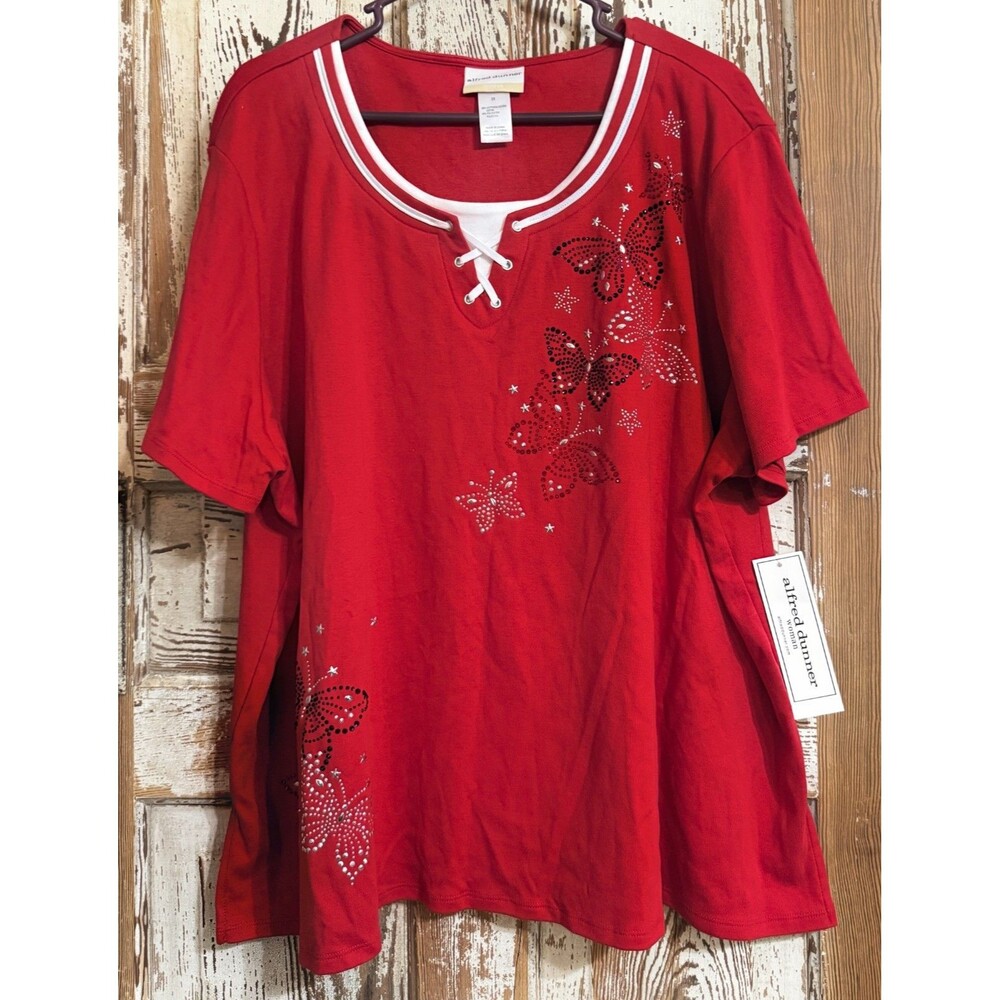 Alfred Dunner Land of the Free Short Sleeve Embellished Butterly Top - Red - 3X